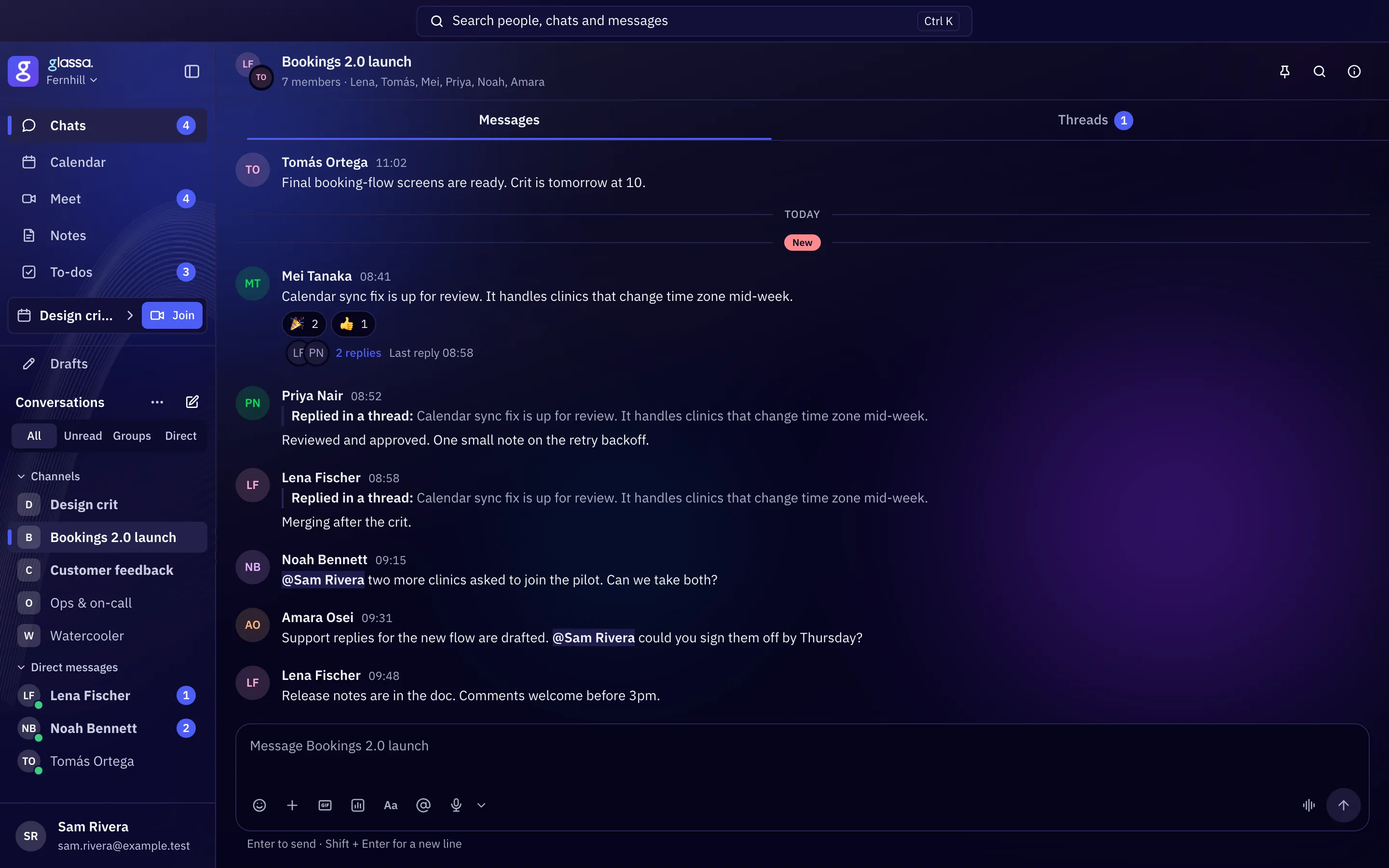 The Bookings 2.0 launch channel at Fernhill: the day’s messages, reactions, a thread with two replies, two mentions of Sam and the message box.